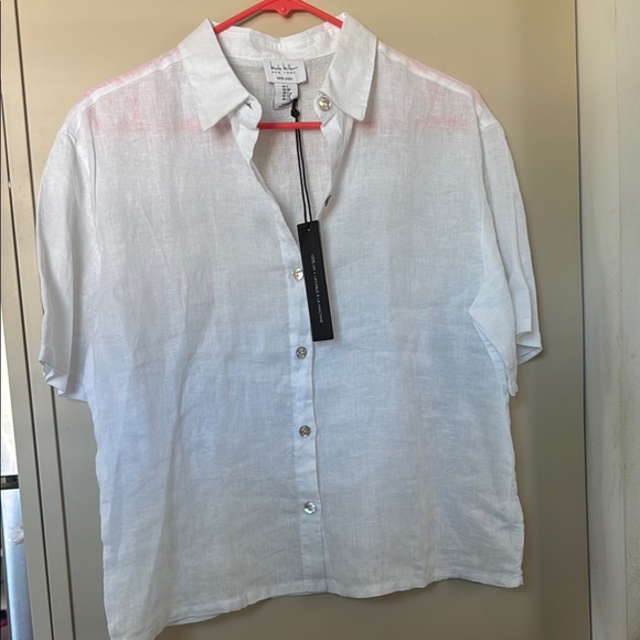 Nicole Miller White 100% Linen Button Down Shirt Short Sleeveless Loose Fit Sz S - Picture 2 of 12